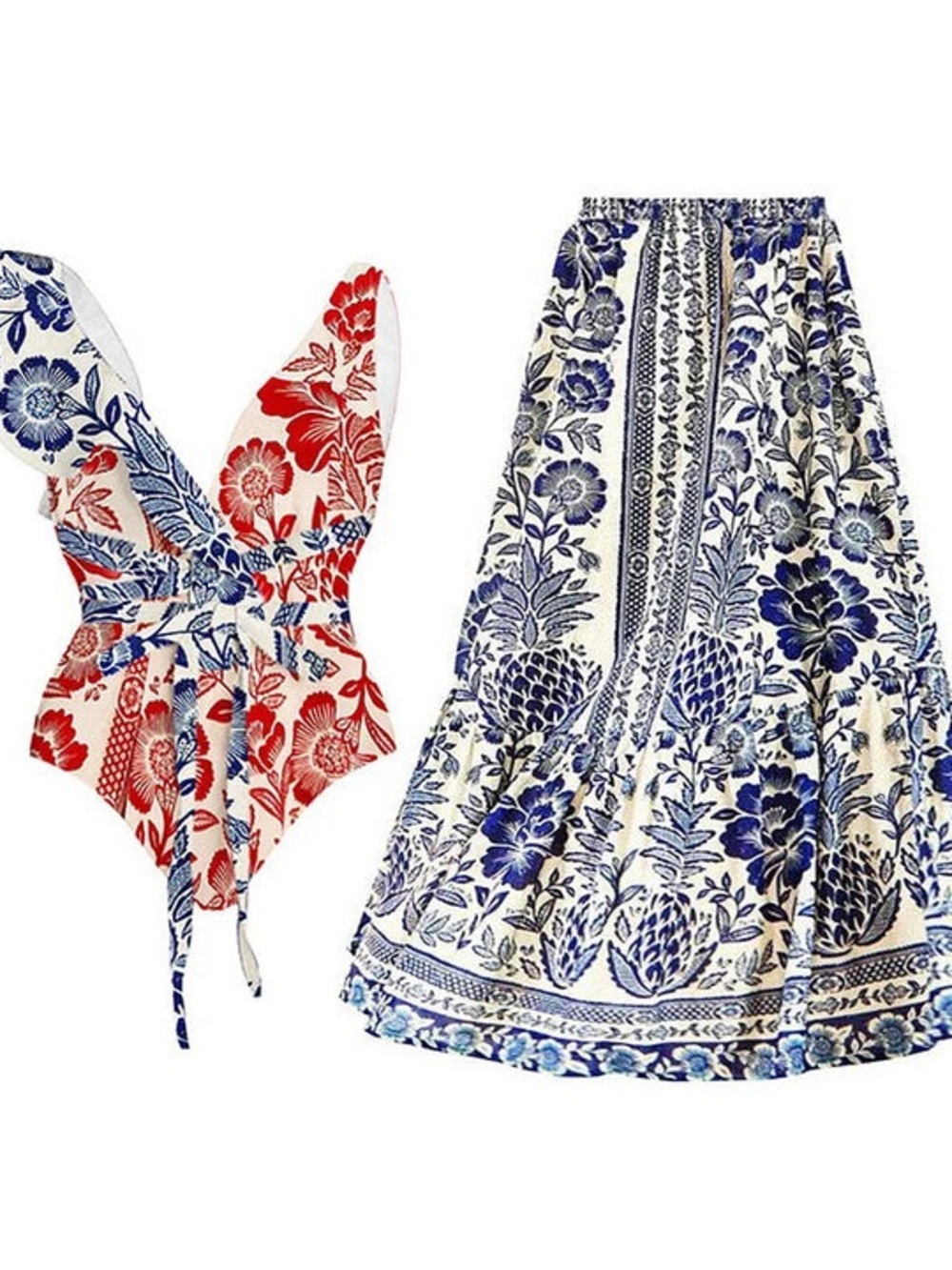Floral Red & Blue Print Swimsuit and Maxi Skirt Set